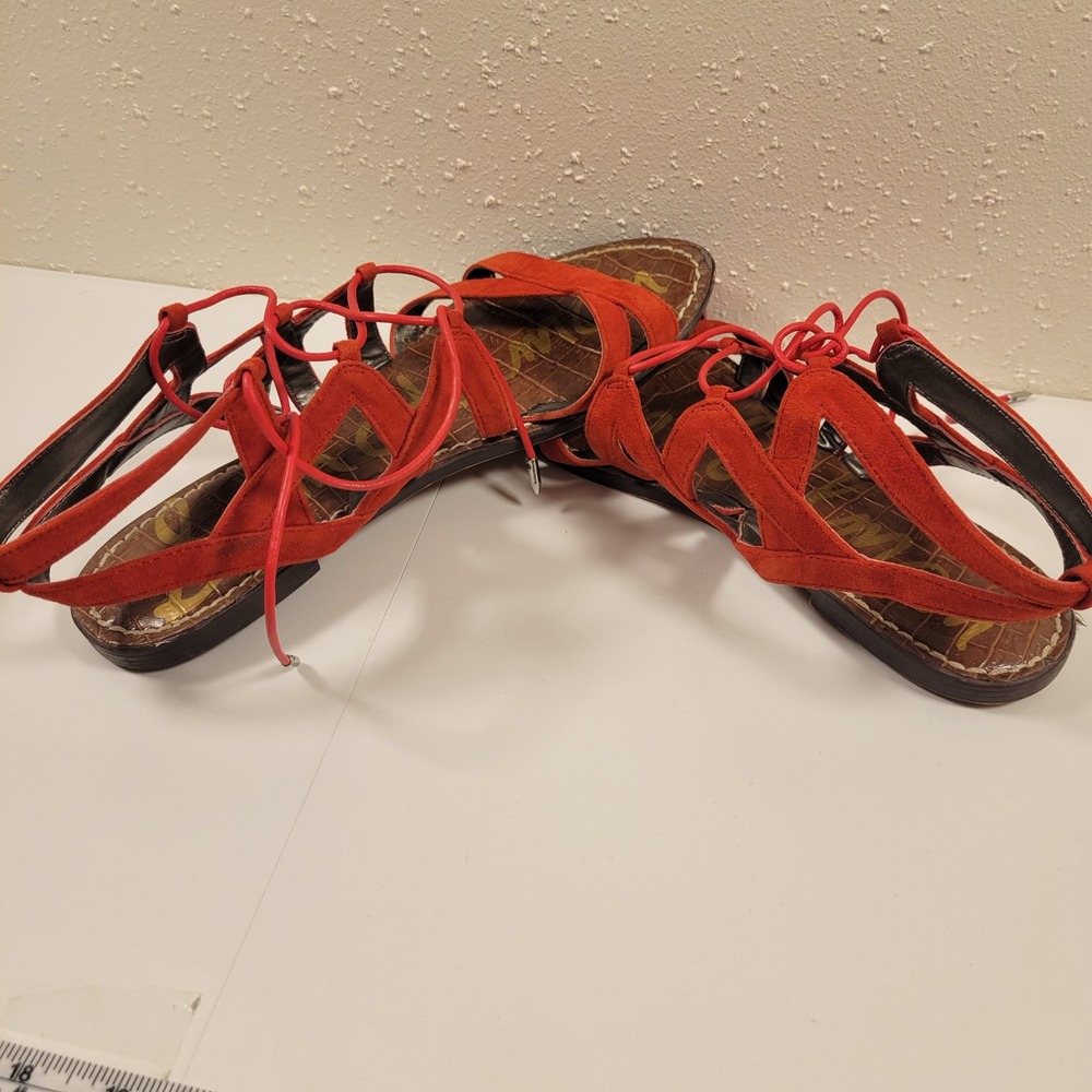 Sam Edelman Gladiator Sandals Womens 8.5 Red Excellent Lace Up Suede Flat
